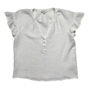 Madewell White Lightspun Ruffle-Sleeve Henley Top Size Medium